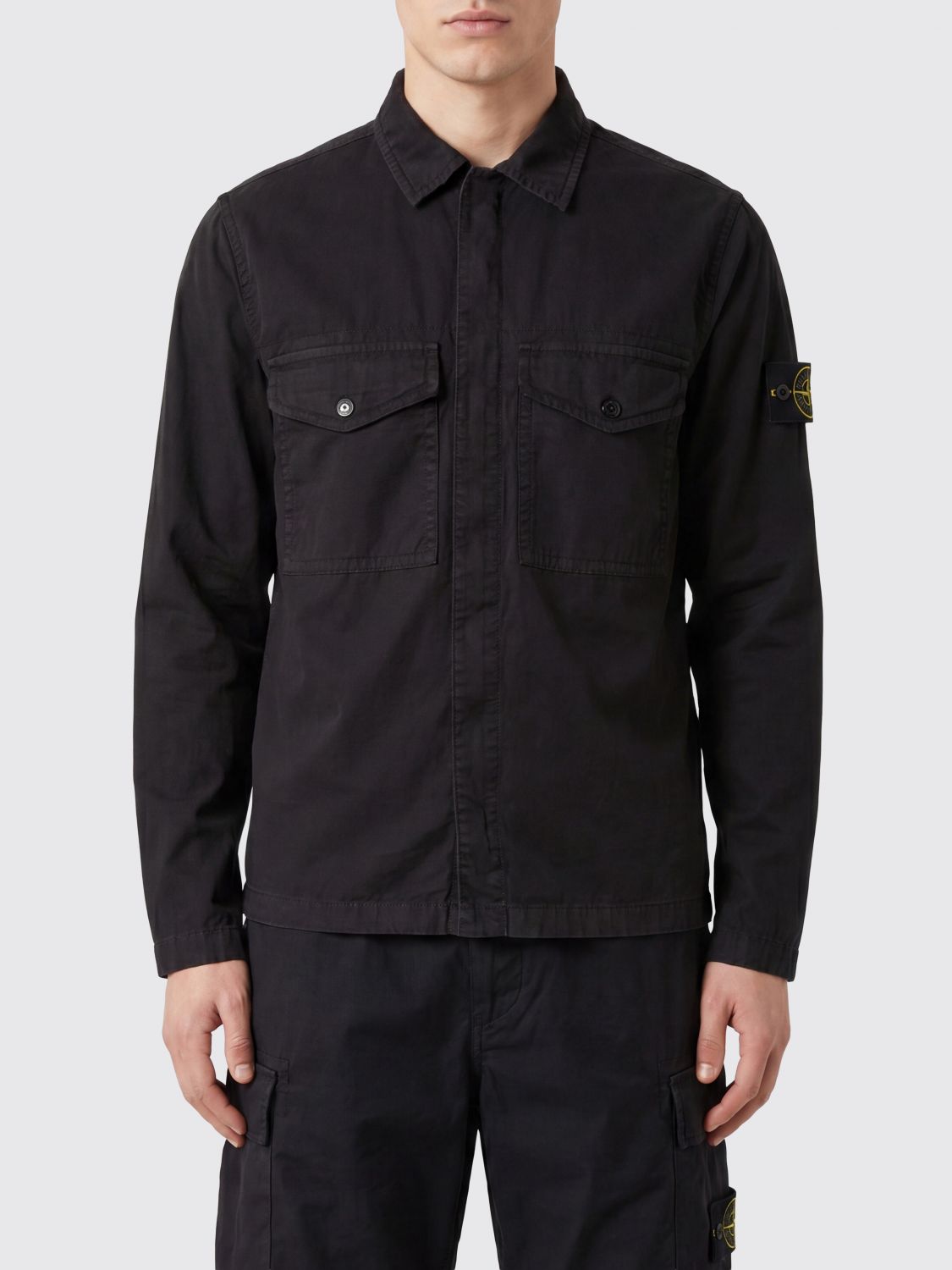 STONE ISLAND Giacca camicia slim fit in twill di cotone con logo Compass