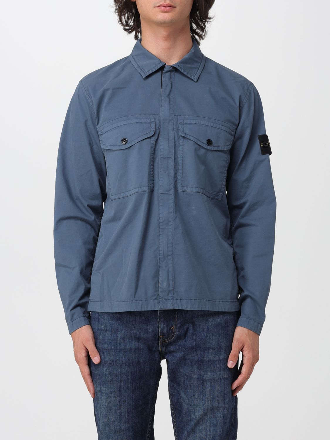 STONE ISLAND Giacca camicia slim fit in twill di cotone con logo Compass
