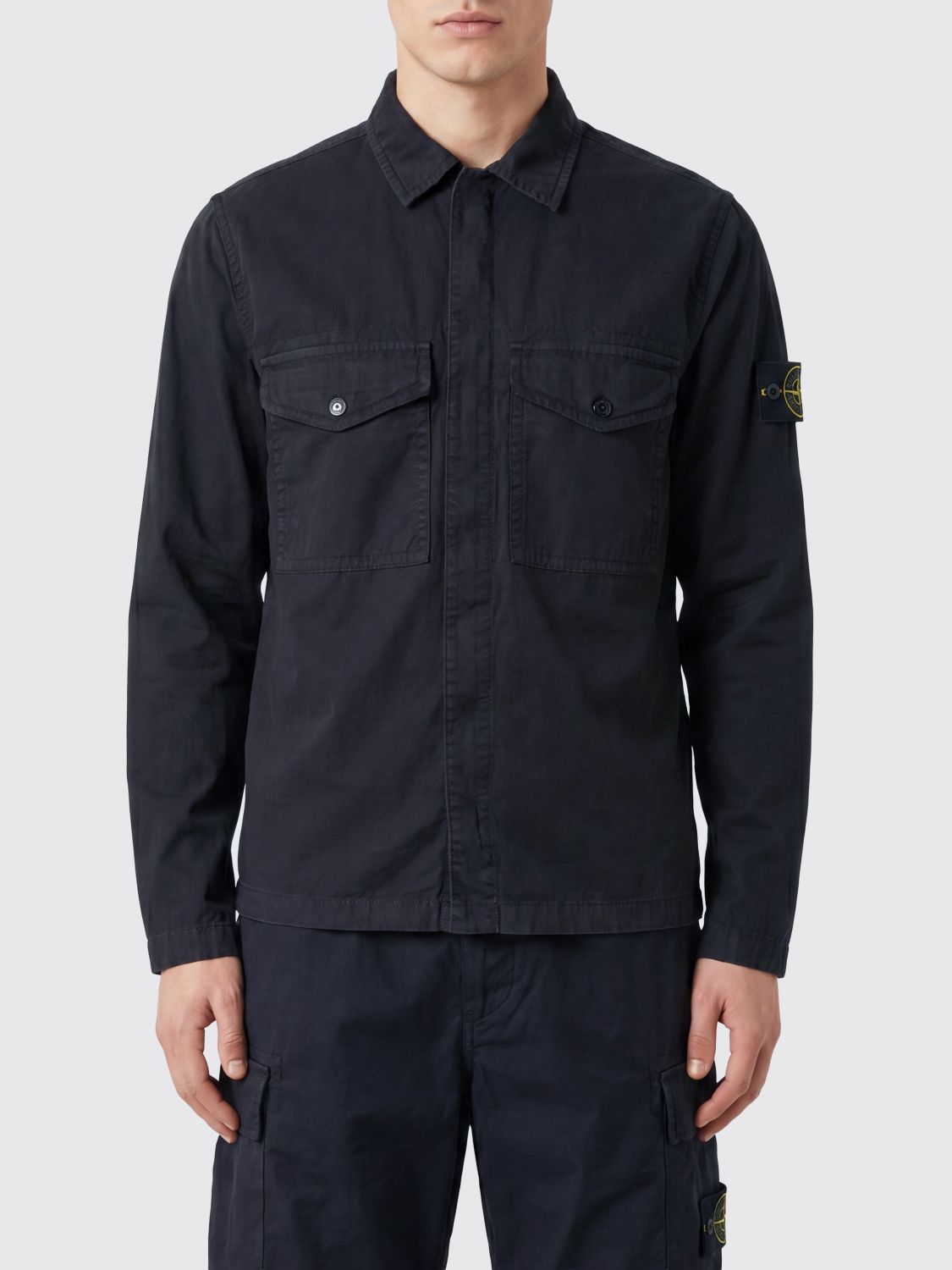 STONE ISLAND Giacca camicia slim fit in twill di cotone con logo Compass