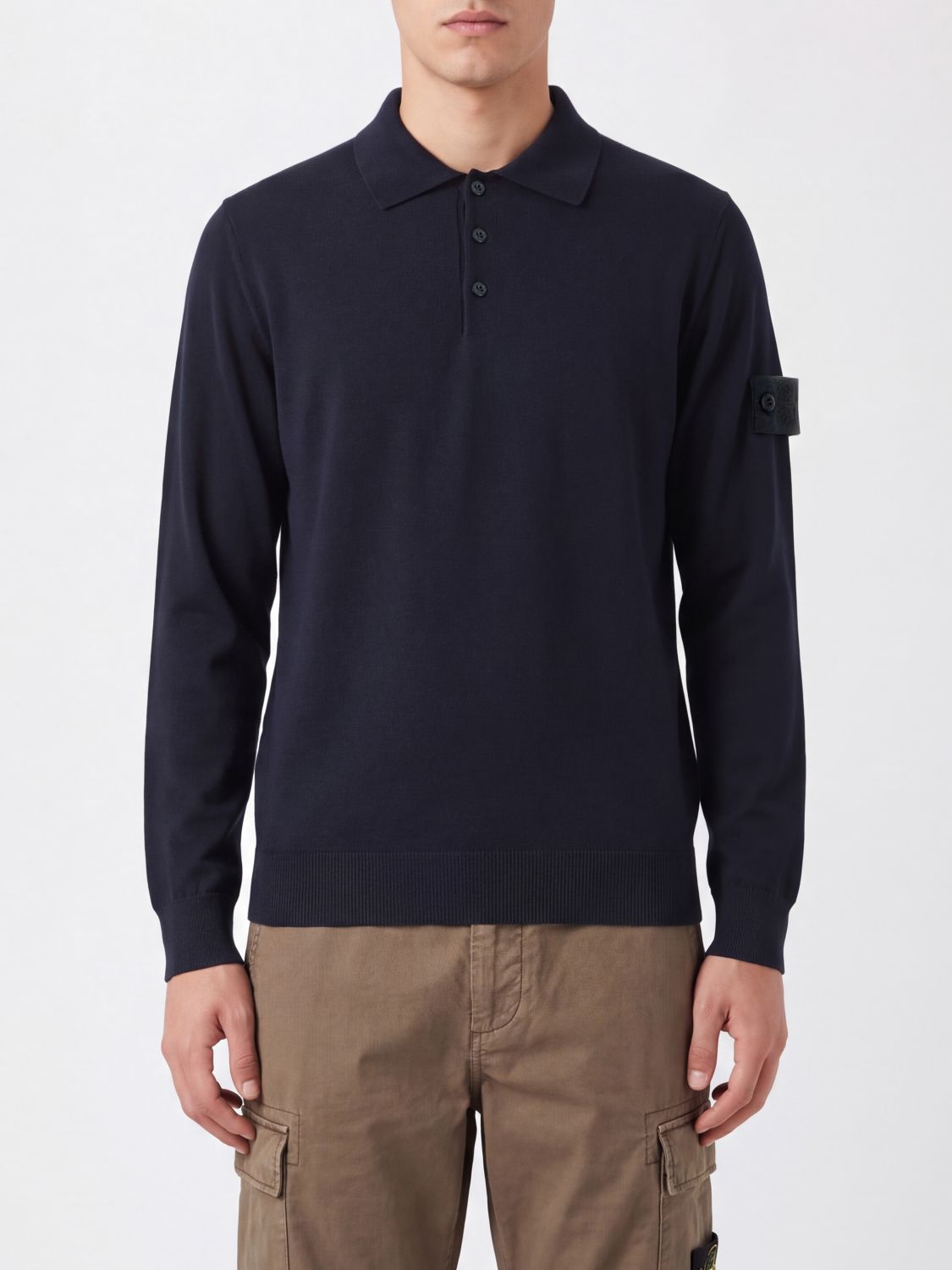 STONE ISLAND Long-Sleeved Wool Knit Polo Shirt with Compass Logo