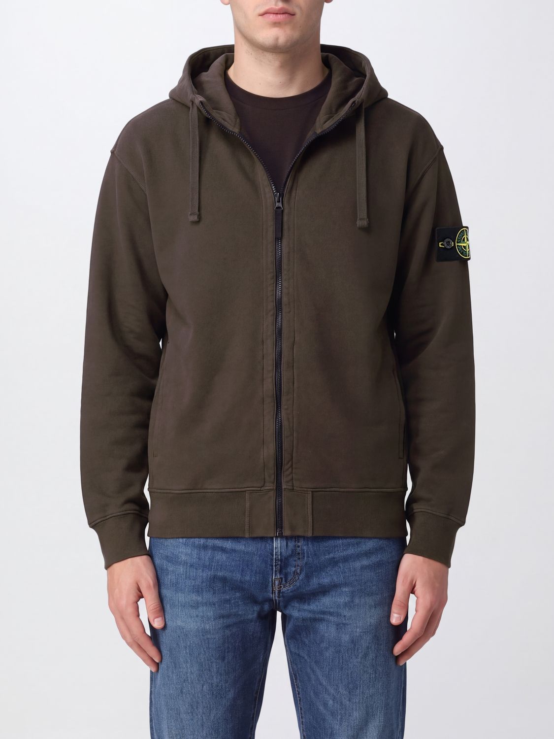STONE ISLAND Felpa in cotone biologico con cappuccio, zip e logo Compass