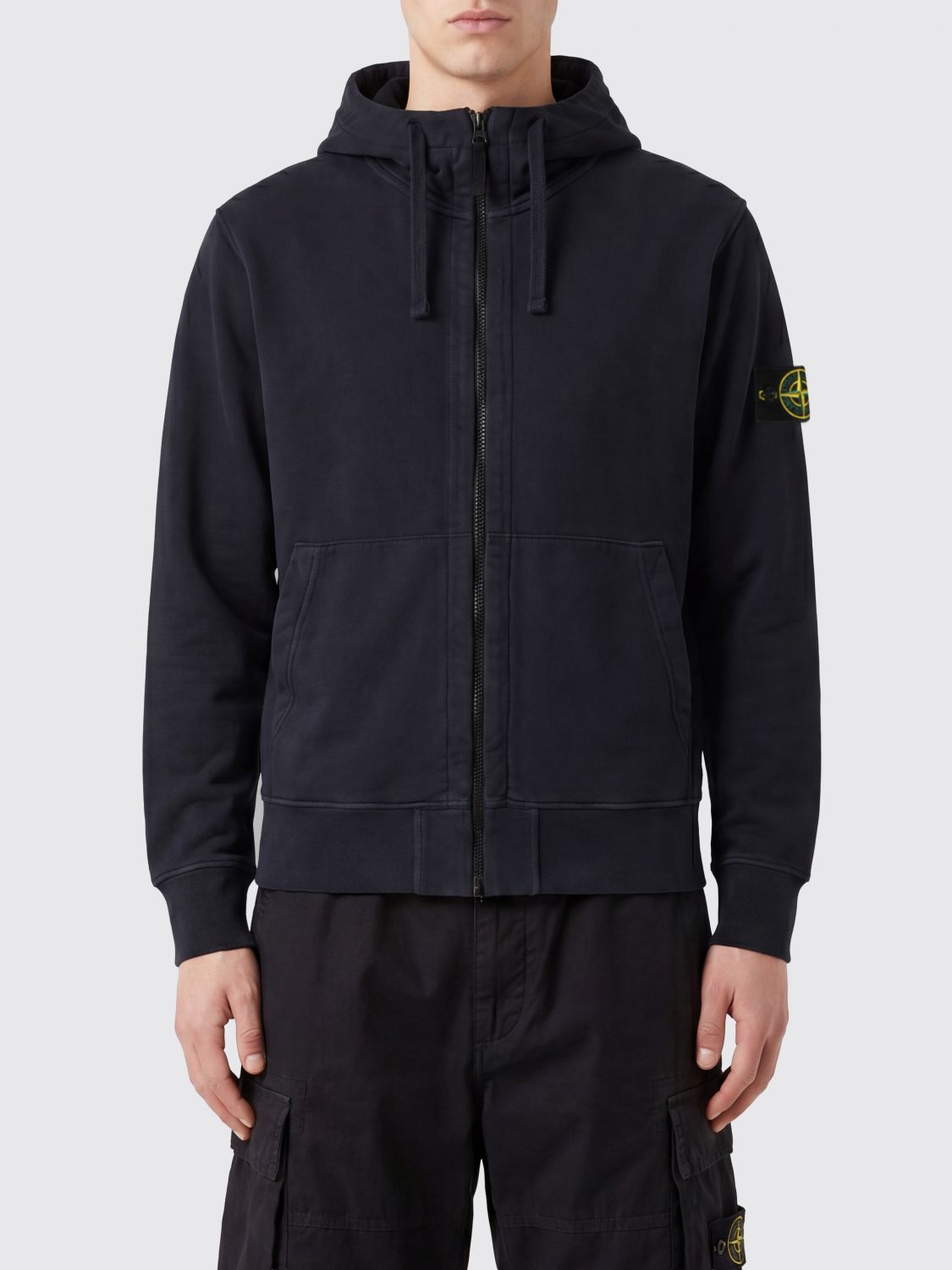 STONE ISLAND Felpa in cotone biologico con cappuccio, zip e logo Compass
