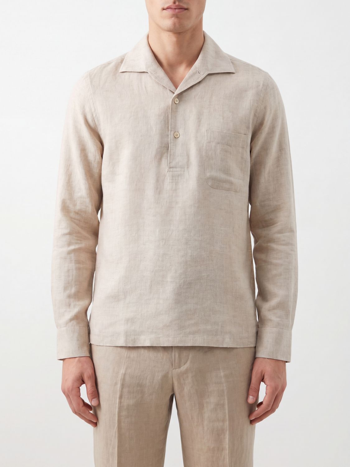 LARDINI Camicia a maniche lunghe in puro lino con collo cubano e tasca a toppa