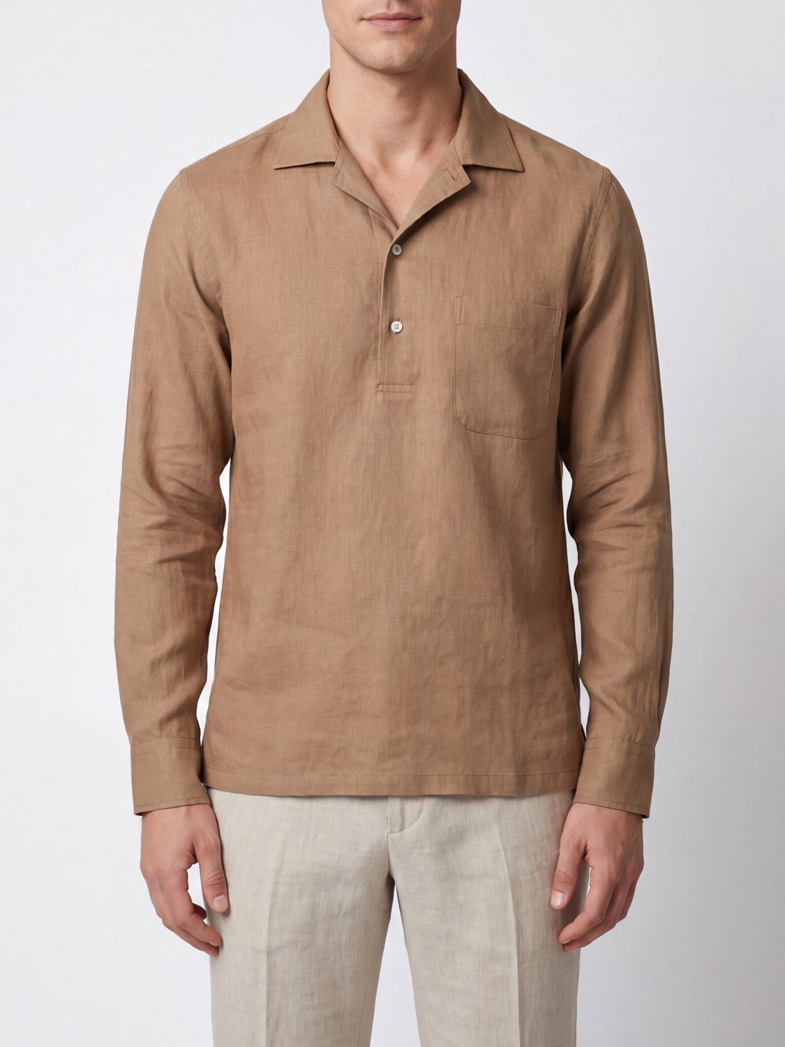 LARDINI Camicia a maniche lunghe in puro lino con collo cubano e tasca a toppa