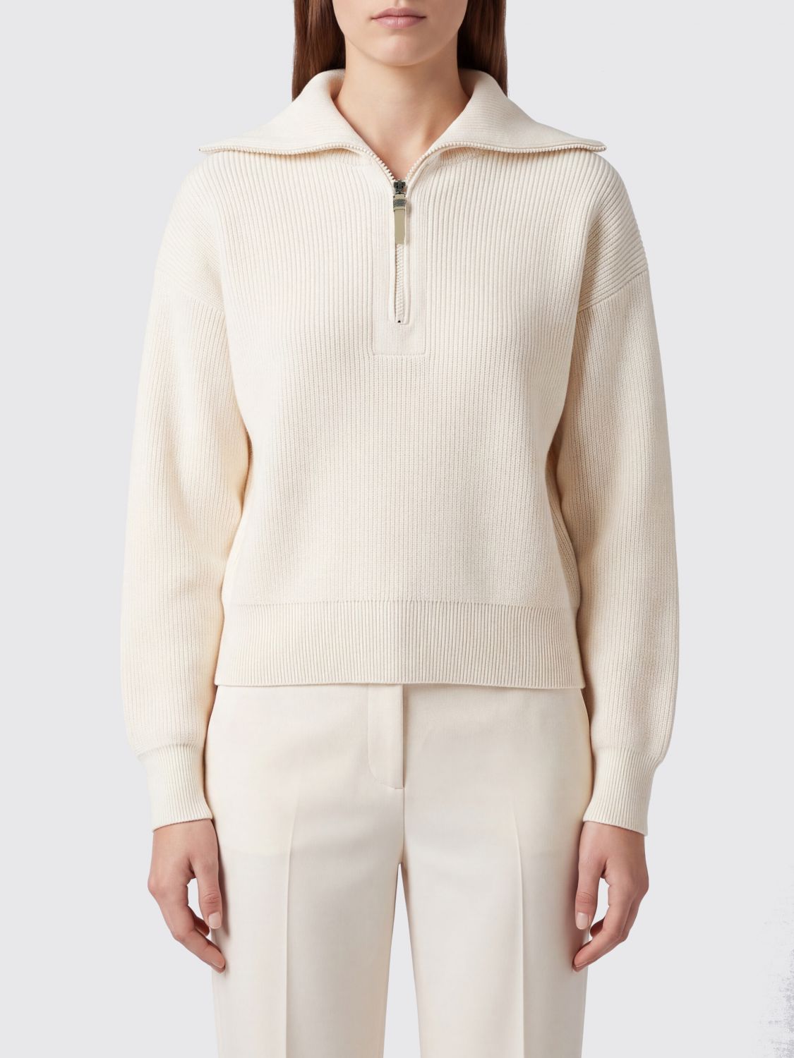 BRUNELLO CUCINELLI Cotton Jumper with Sailor Collar, Zip and Dropped Shoulders
