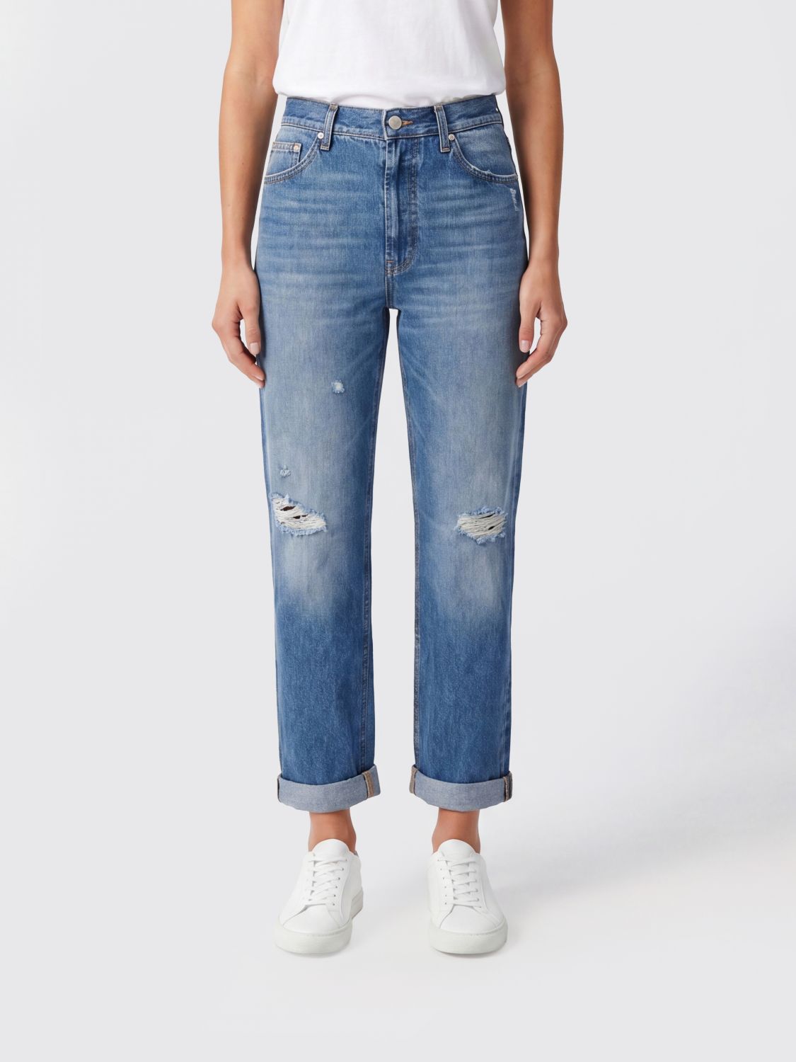 DONDUP Mid-Rise Straight Jeans in Distressed Denim with Turn-Up Hems