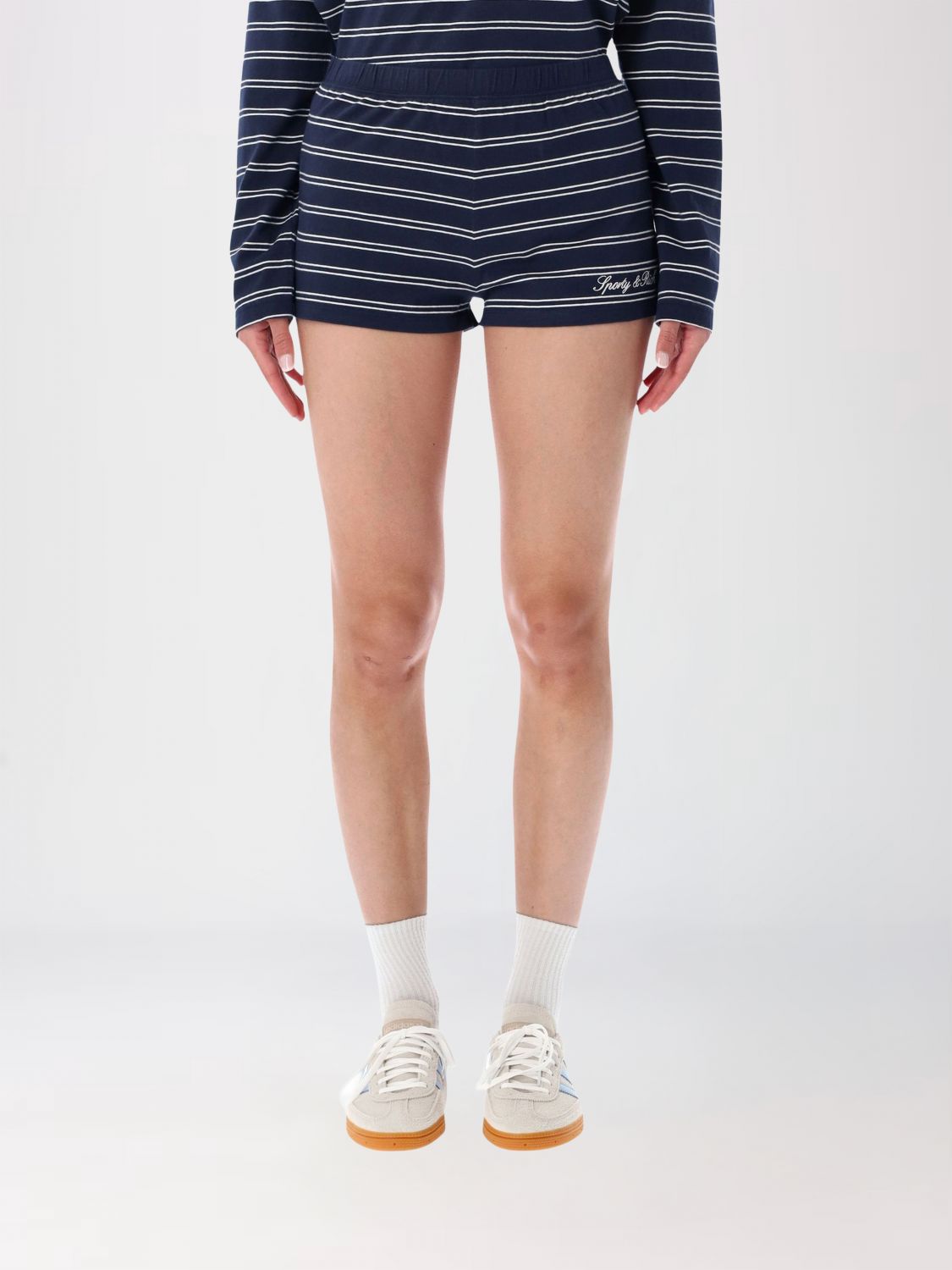 SPORTY & RICH Striped Cotton Culotte Shorts with Slim Fit and Embroidered Logo