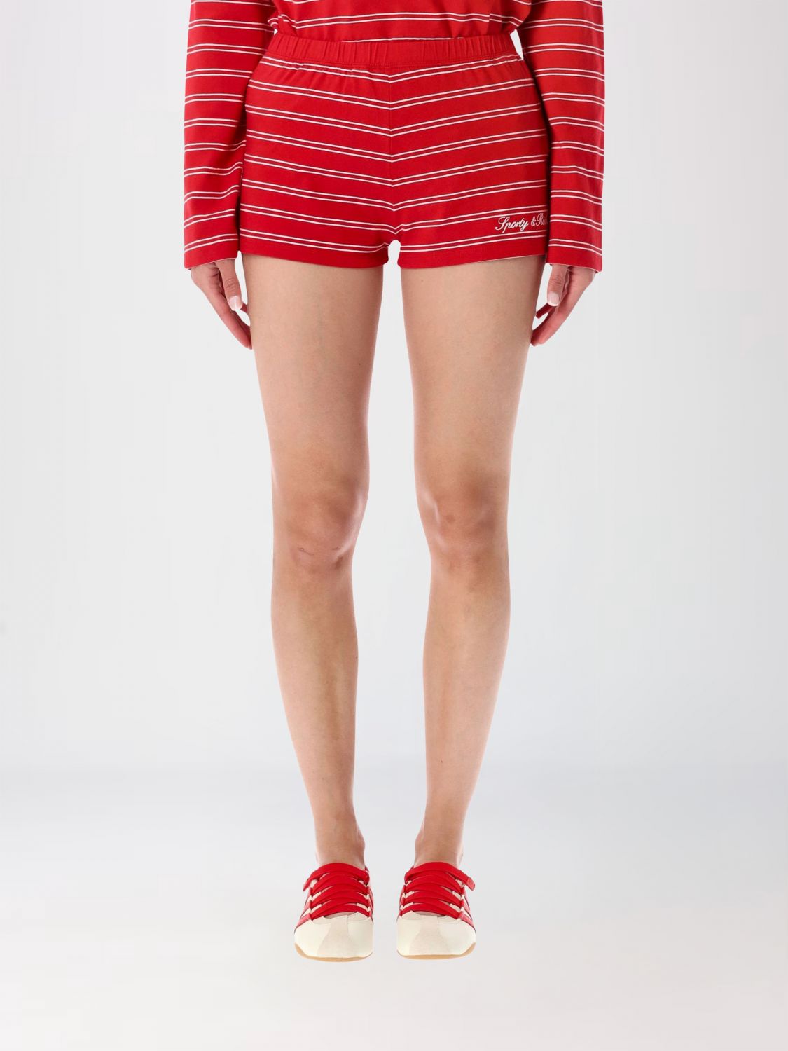 SPORTY & RICH Striped Cotton Culotte Shorts with Slim Fit and Embroidered Logo