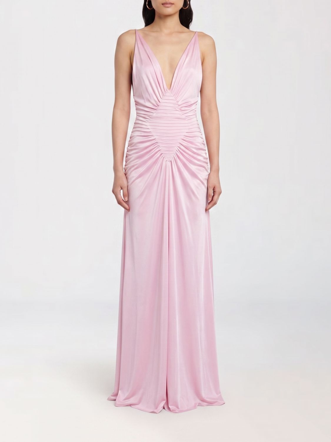 VERSACE Long Draped Satin Evening Gown with Off-the-Shoulder Detail