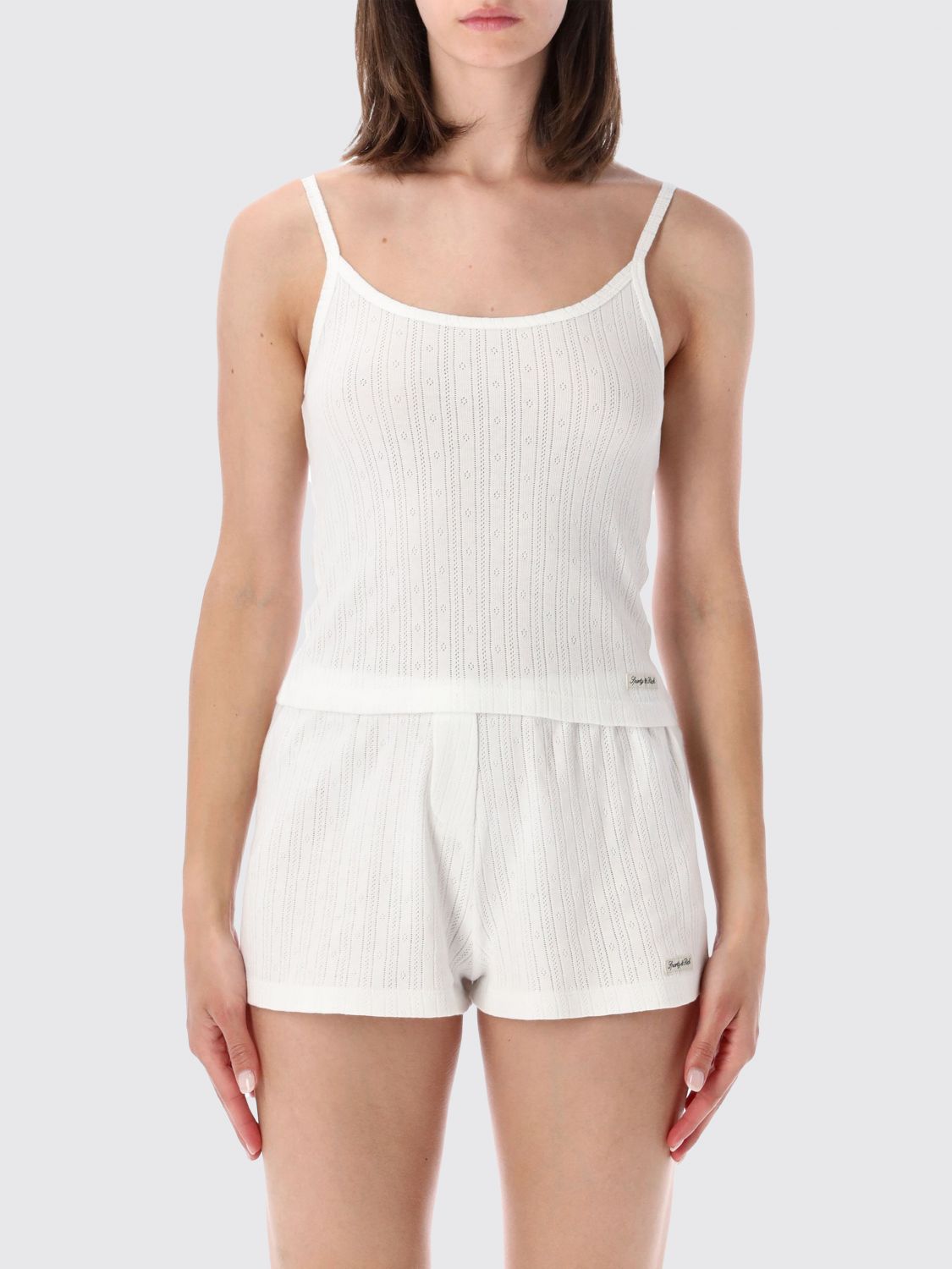 SPORTY & RICH Cropped Open-Knit Cotton Top with Applied Logo