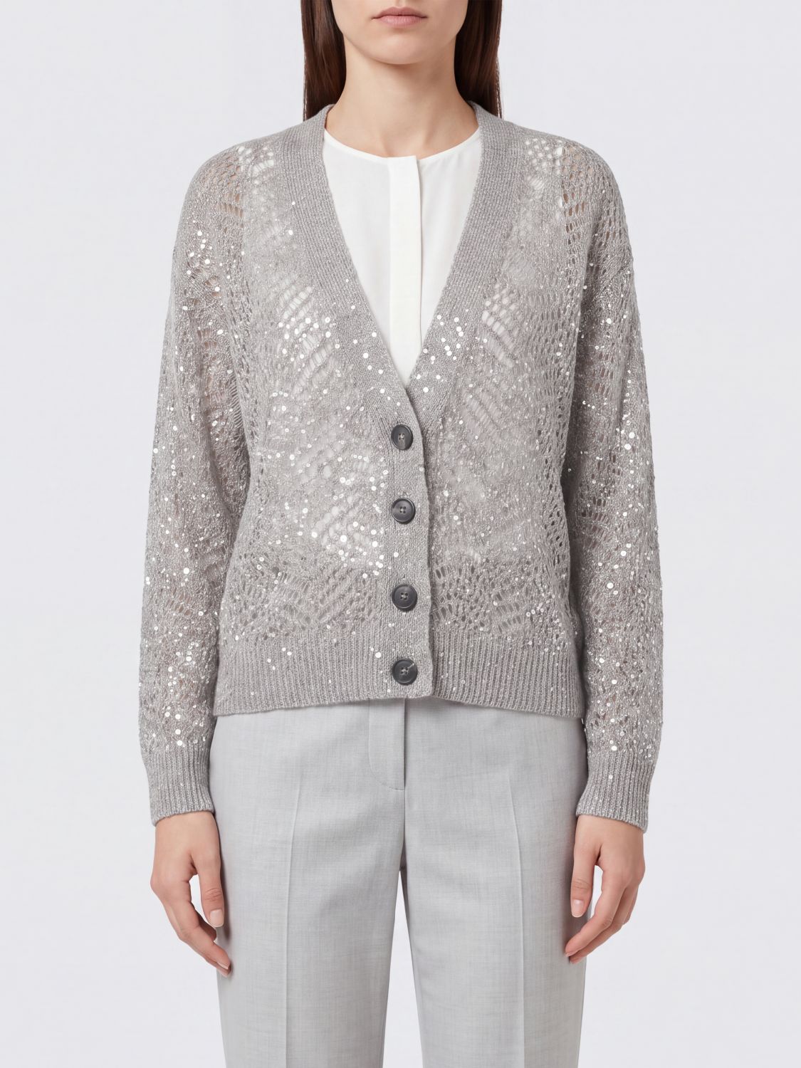 BRUNELLO CUCINELLI Cardigan traforato in misto lana con paillettes e scollo a V