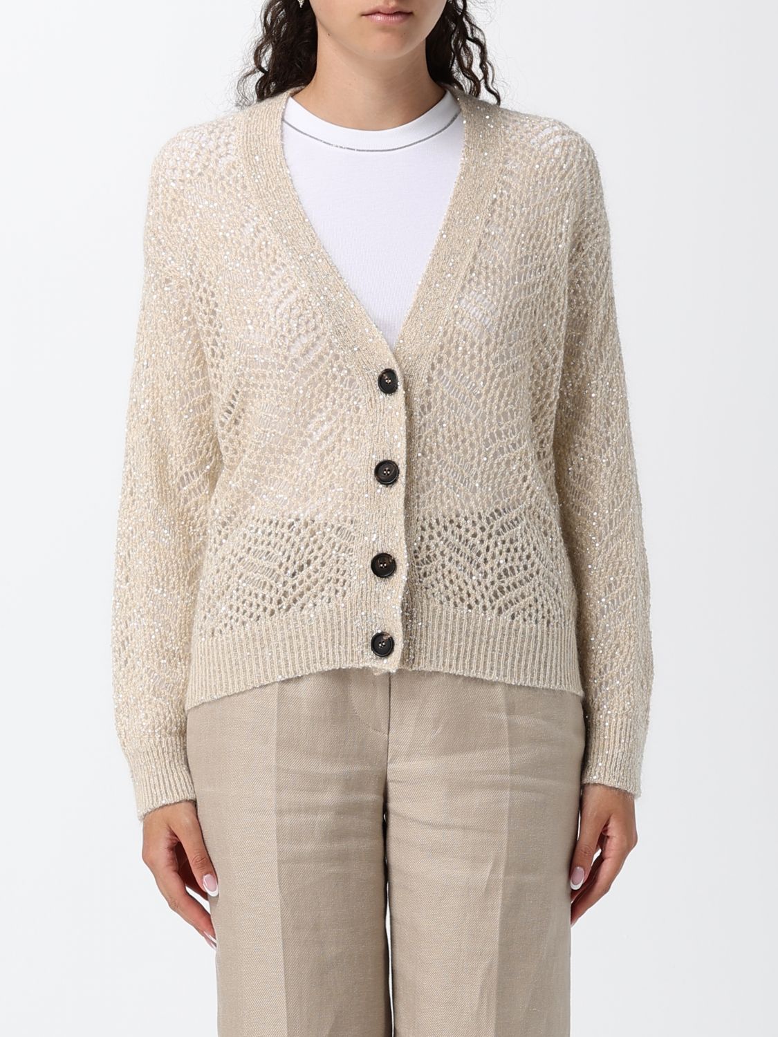 BRUNELLO CUCINELLI Open-Knit Wool-Blend Cardigan with Sequins and V-Neck