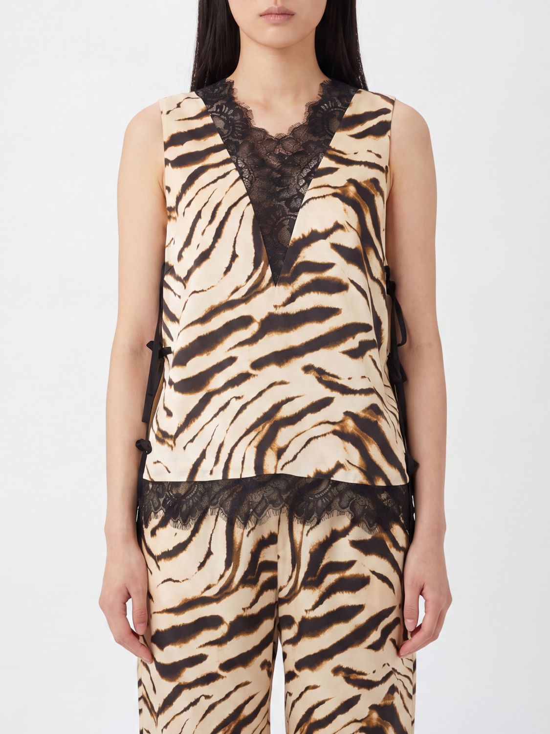 GANNI Zebra-Print Satin Blouse with a V-Neck and Lace Inserts