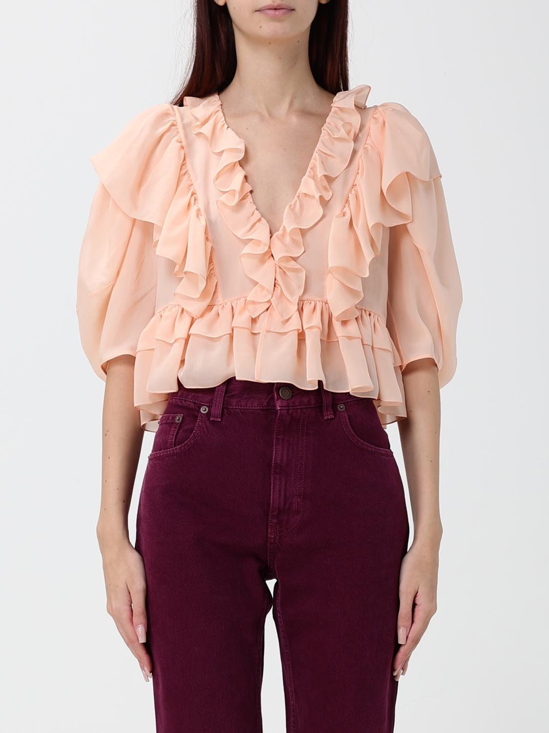 CHLOÉ Blusa cropped in seta ricamata con maniche a palloncino e rouches