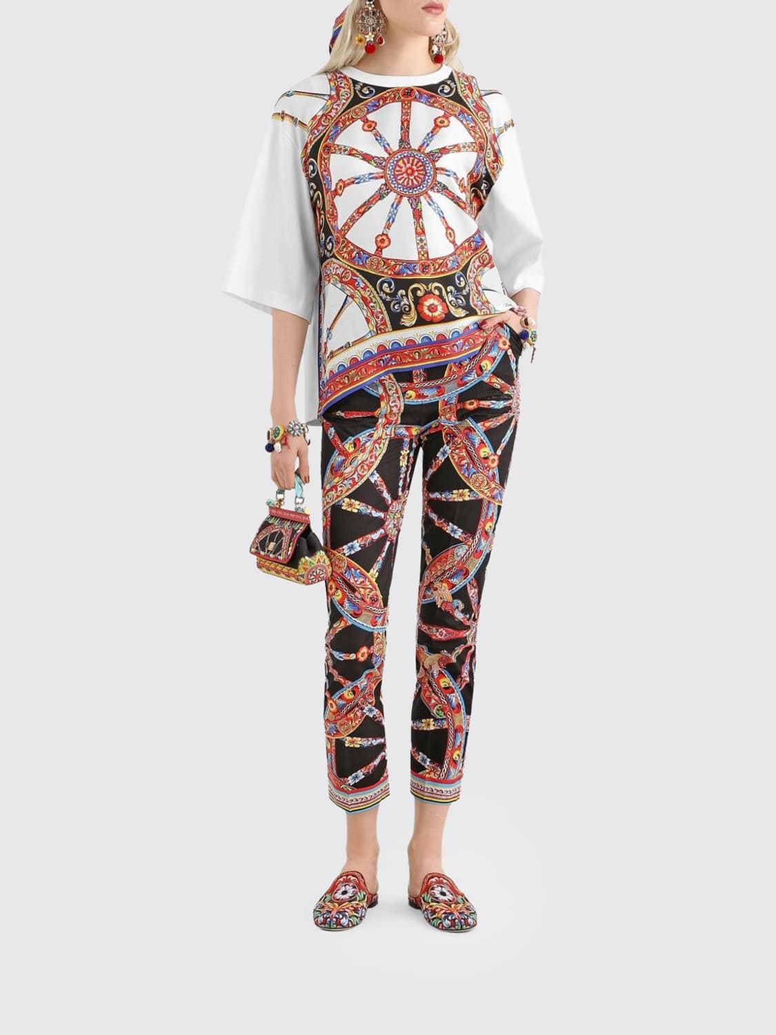DOLCE & GABBANA Cotton and Silk T-Shirt with Carretto Siciliano Print