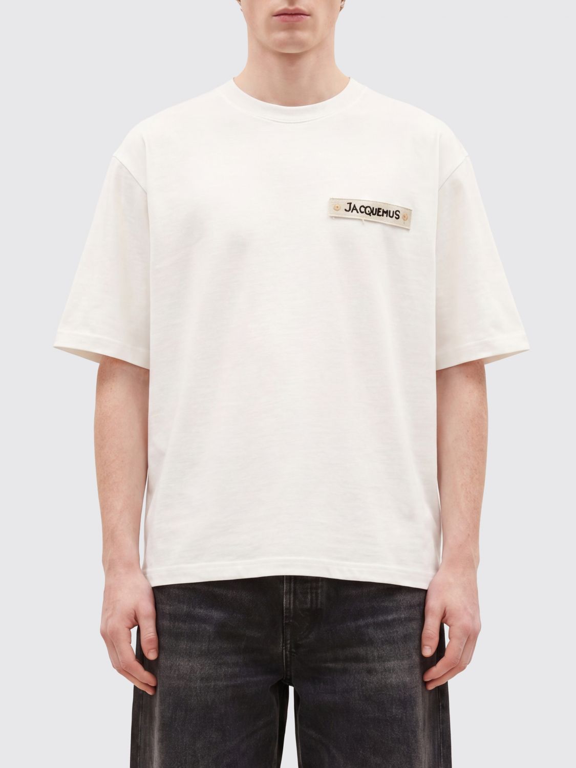 JACQUEMUS Cotton Crewneck T-Shirt with Applied Logo and Dropped Shoulders