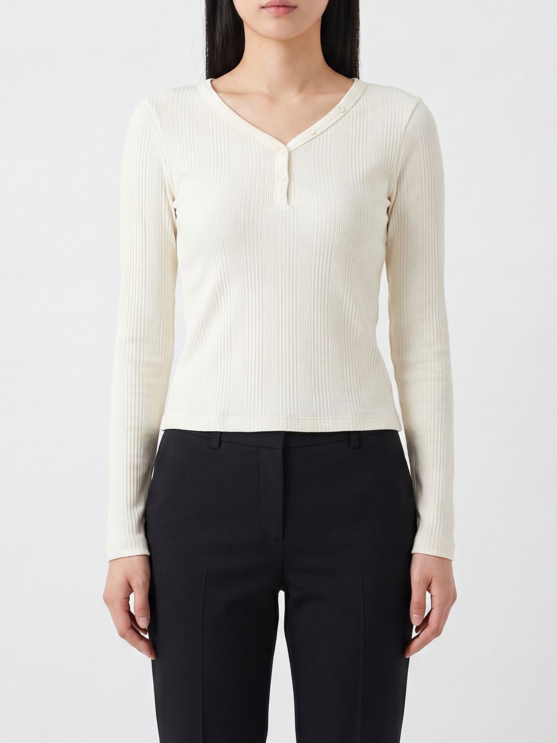 CALVIN KLEIN V-Neck Long-Sleeved Stretch-Cotton Top