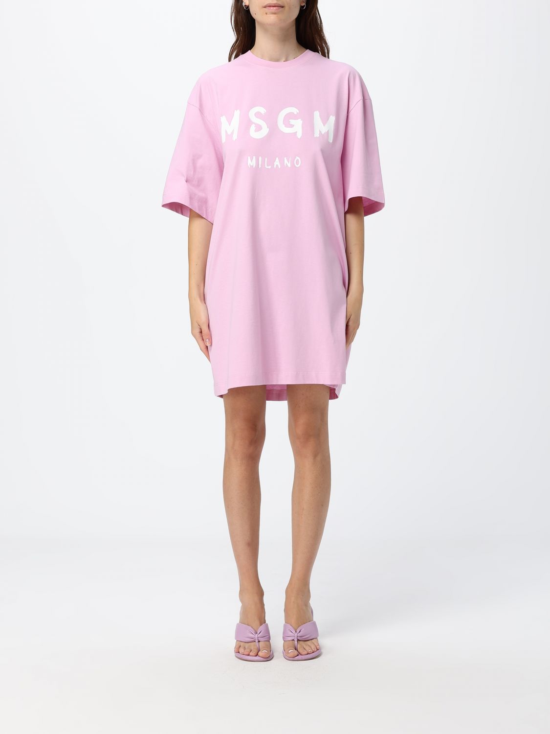 MSGM Cotton Mini T-Shirt Dress with Contrast Logo and Dropped Shoulders