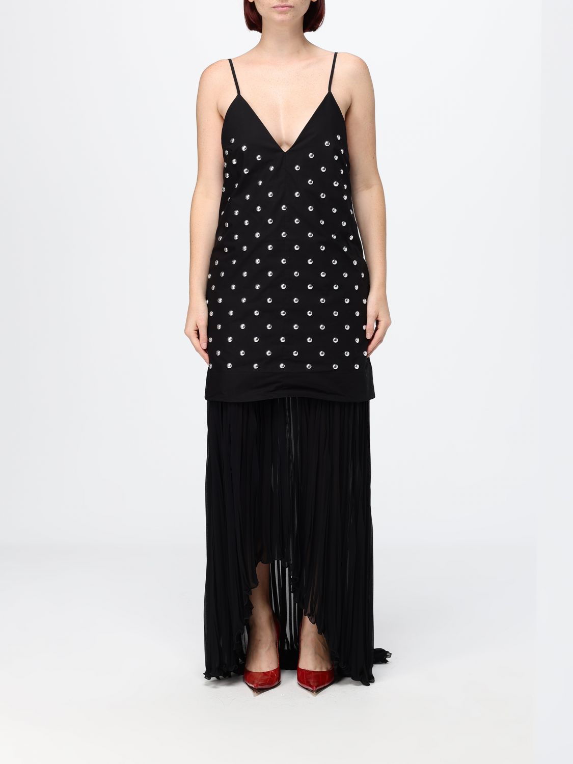 MSGM Pleated Cotton Long Evening Gown with V-Neck and Embroidery