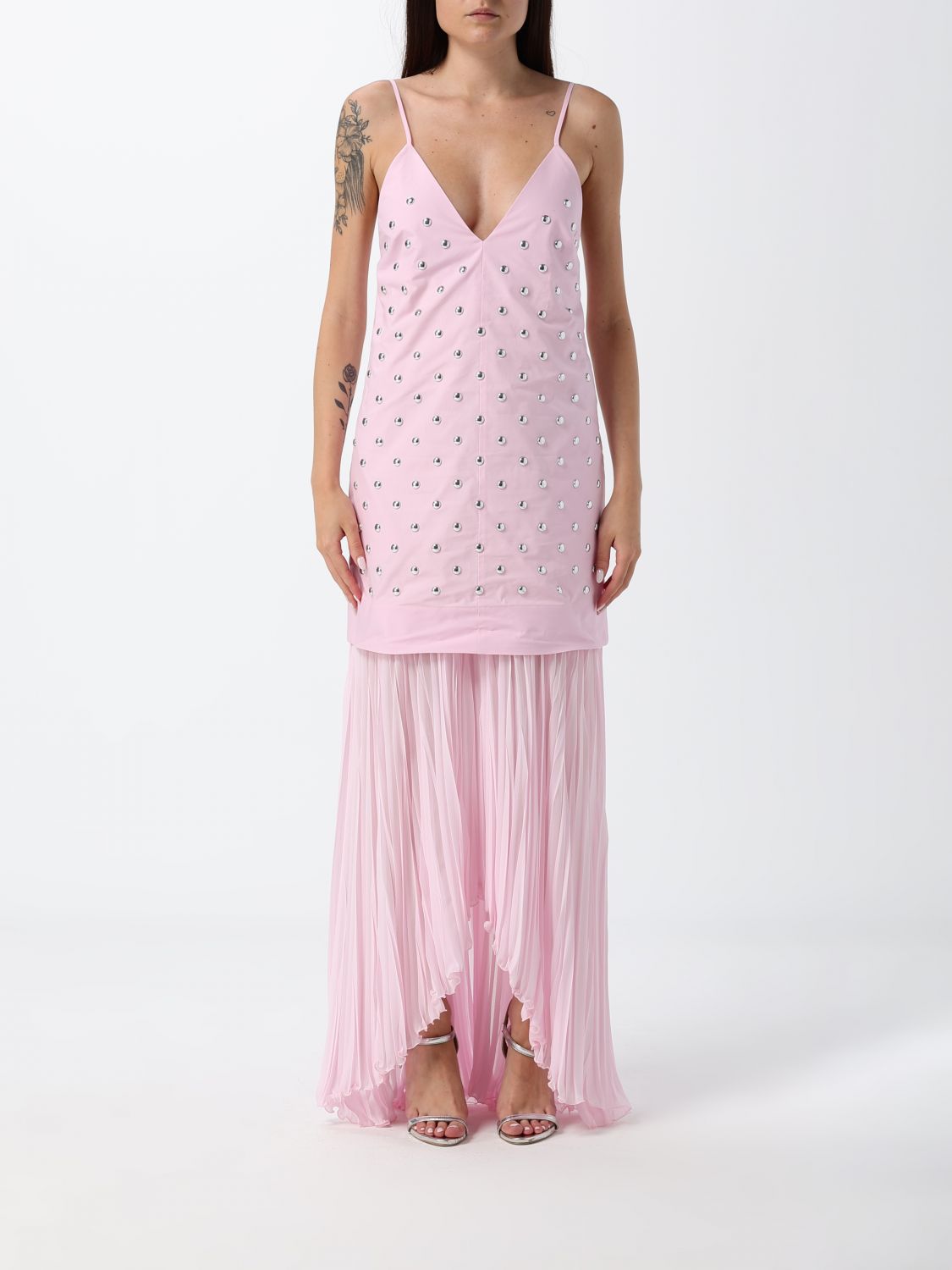 MSGM Abito lungo da sera plissettato in cotone con ricami e scollo a V