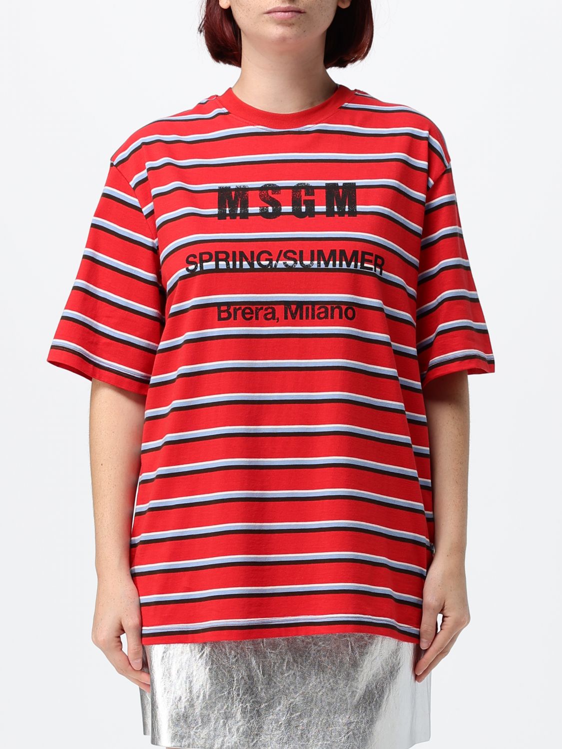 MSGM Oversized Striped Cotton T-Shirt with Logo Print　MSGM オーバーサイズ ストライプ コットン T シャツ ロゴ プリント MSGM