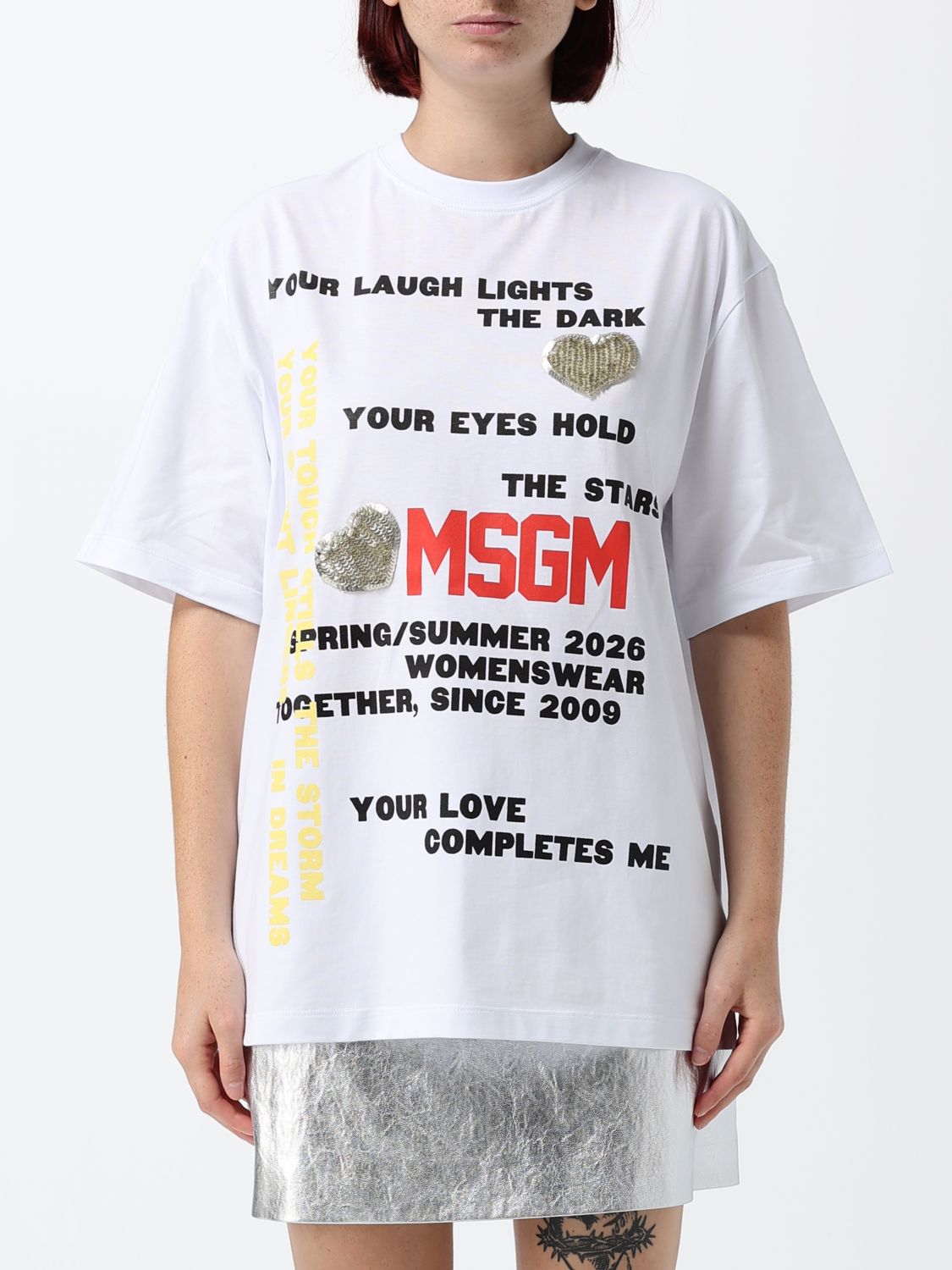 MSGM Oversized Cotton T-Shirt with Logo and Slogan Print　MSGM ロゴとスローガン プリント付きオーバーサイズ コットン T シャツ MSGM