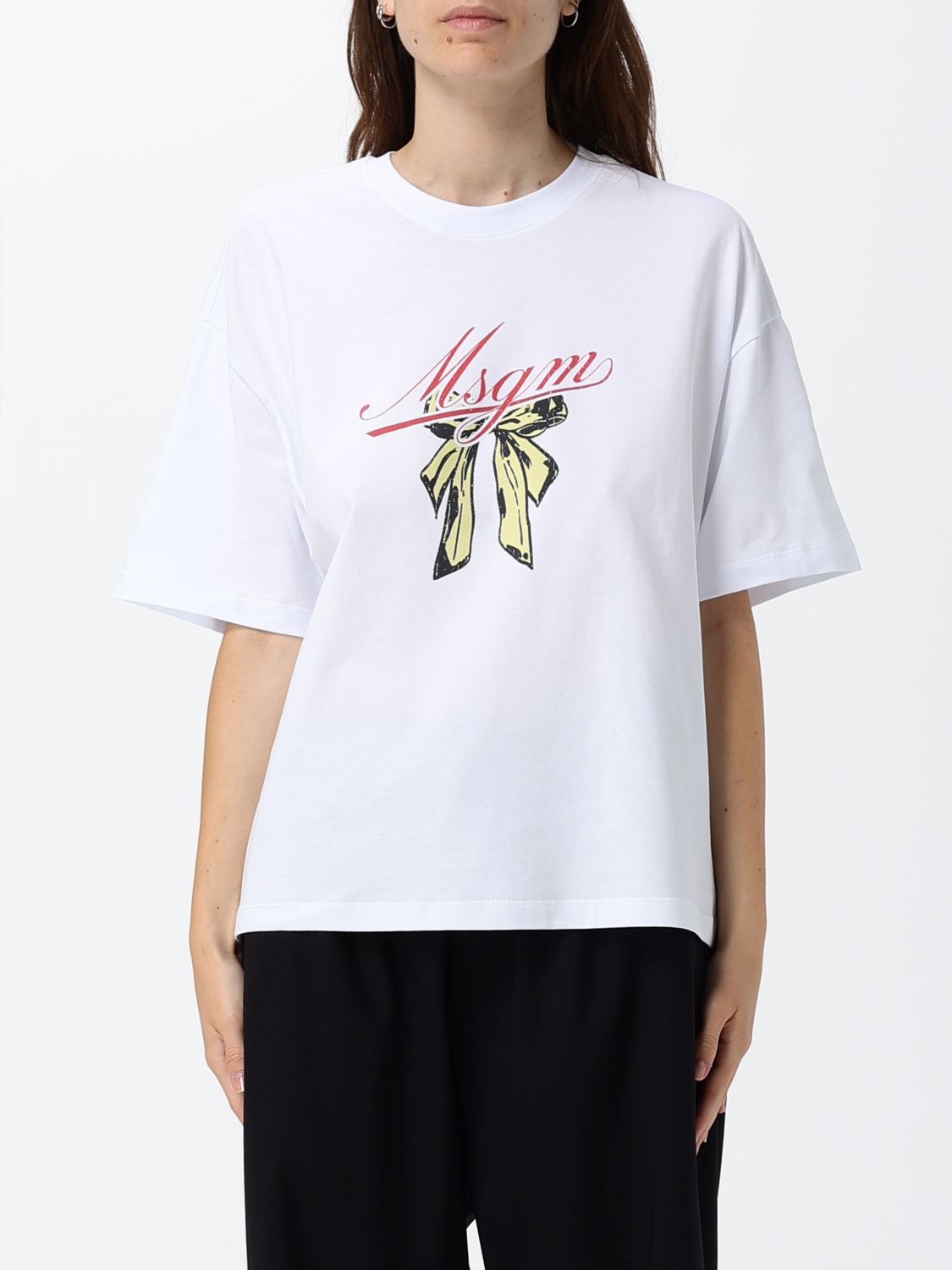 MSGM Cotton T-Shirt with Logo Print and Applied Bows　MSGM ロゴプリントとリボン付きコットン T シャツ MSGM