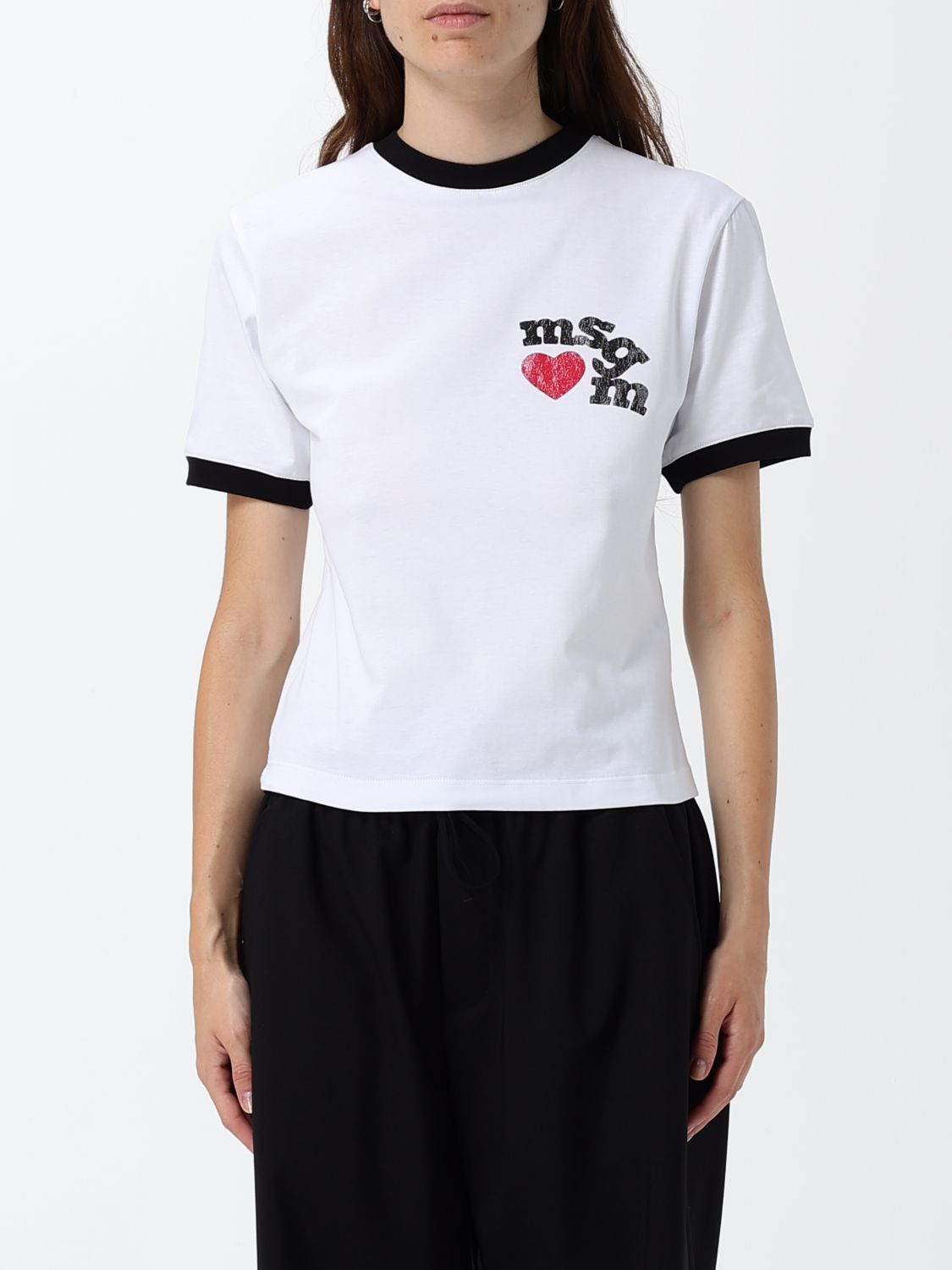 MSGM Slim Fit Cotton T-Shirt with Logo Print and Contrast Trims　MSGM ロゴ プリントとコントラスト トリム付きスリム フィット コットン T シャツ MSGM