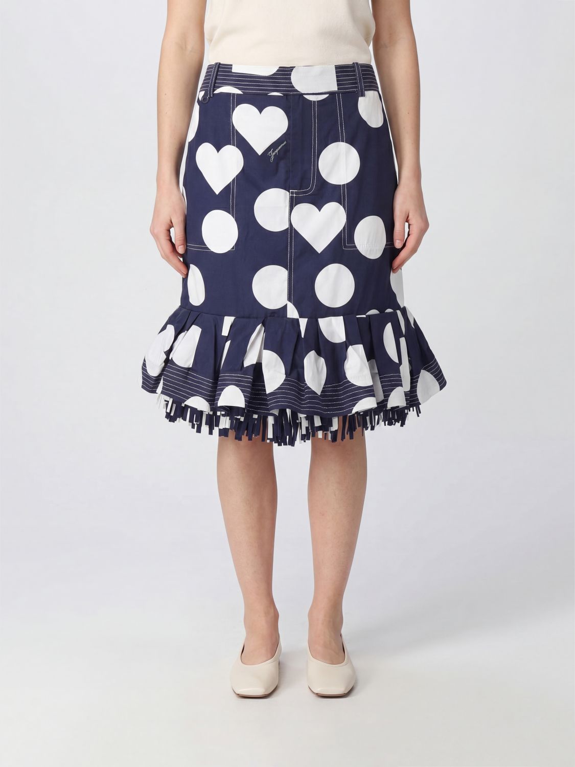 JACQUEMUS Cabana Polka-Dot and Heart Midi Skirt with High Waist and Ruffles