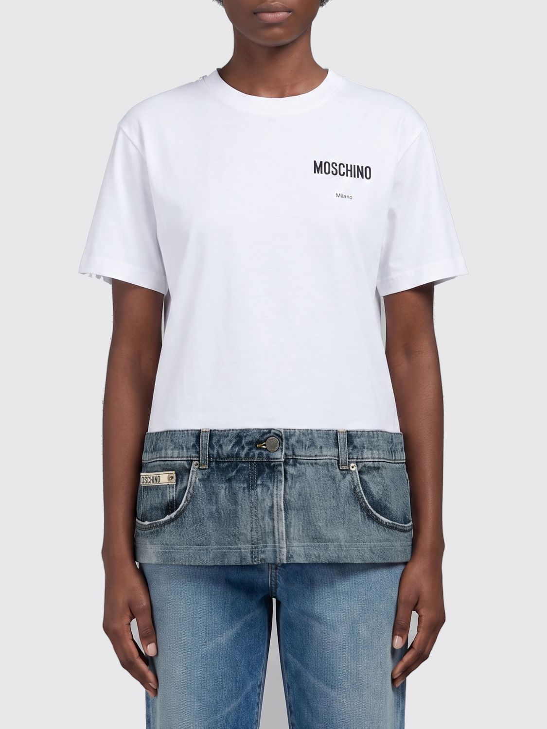 MOSCHINO COUTURE T-shirt in cotone con logo astratto e spalle cadute