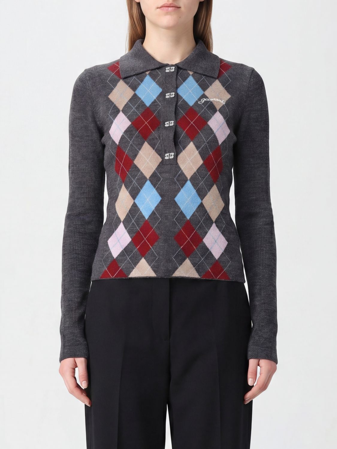 GANNI Slim Fit Argyle Wool Knit Polo with Long Sleeves　GANNI スリムフィット アーガイル ウール ニット ポロシャツ (長袖) GANNI