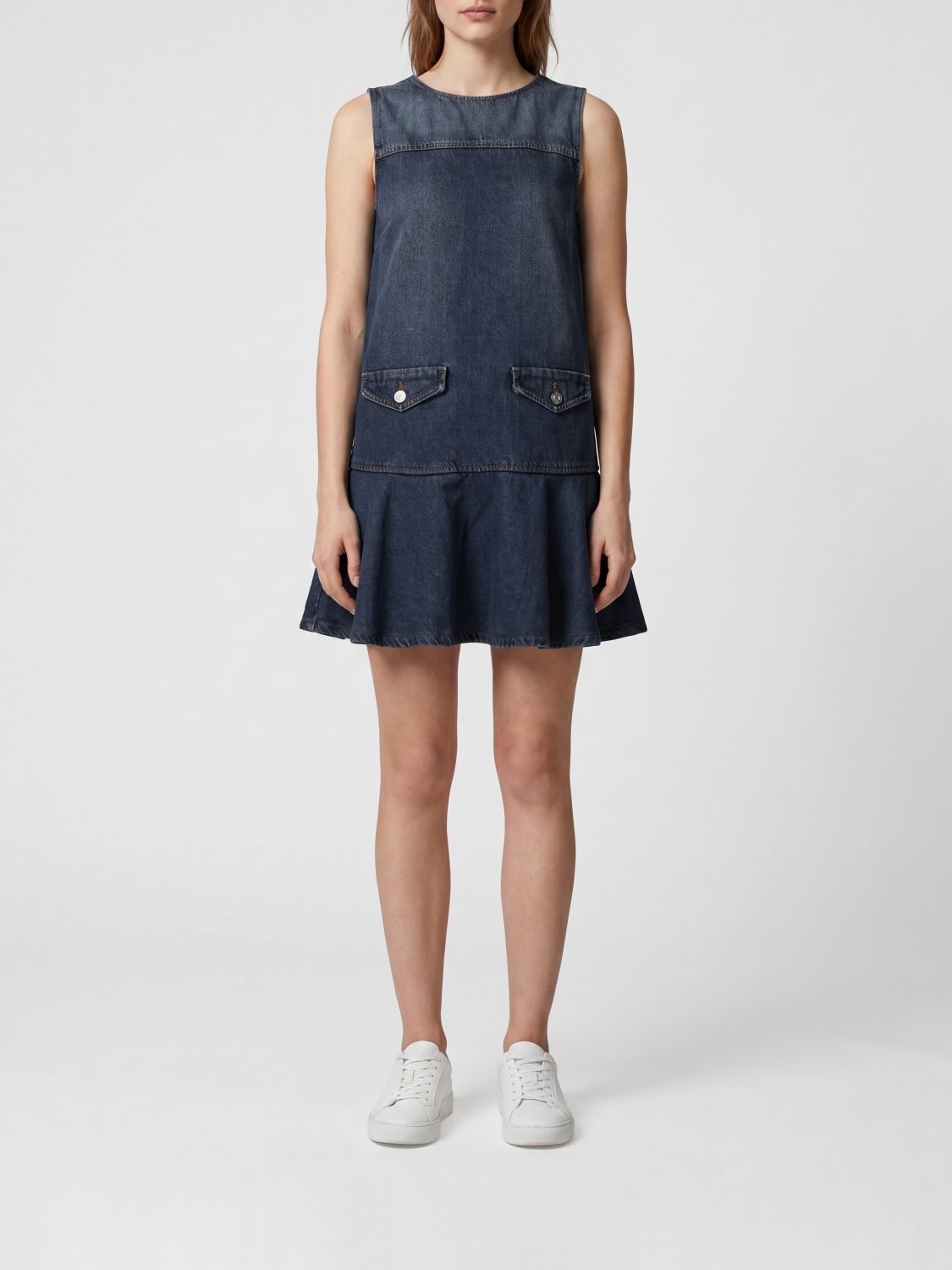 GANNI Sleeveless A-Line Cotton Denim Mini Dress with Ruffles