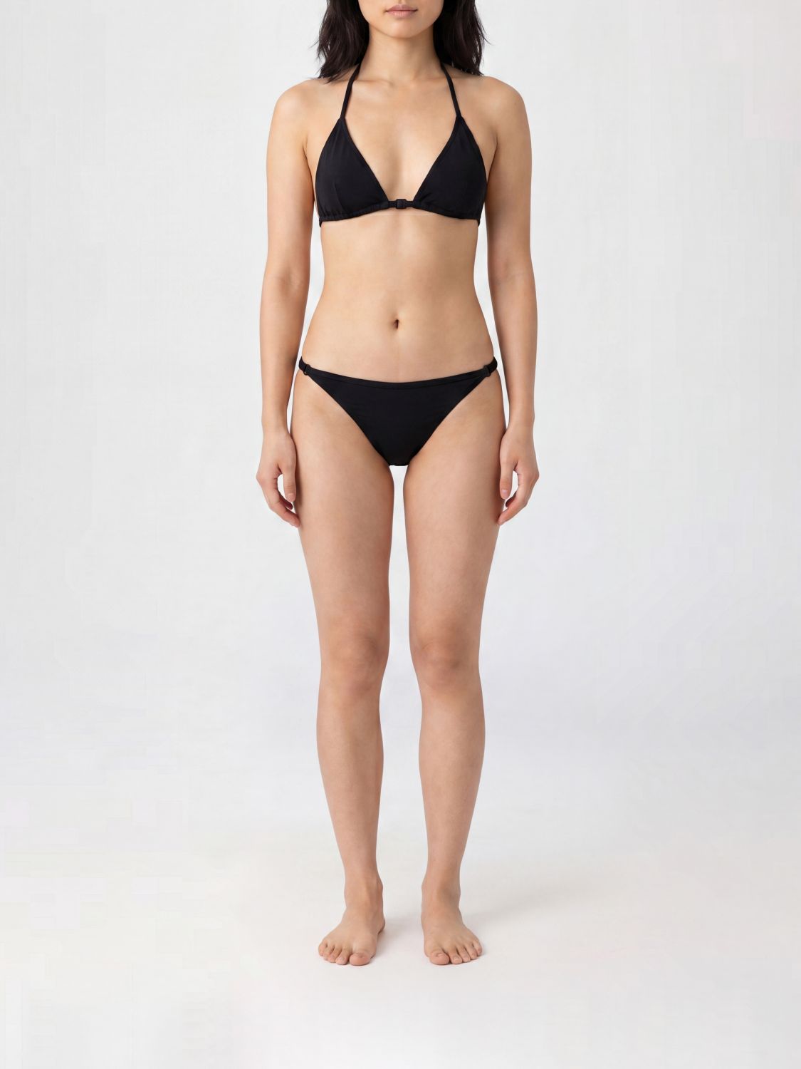 COURRÈGES Bikini a triangolo in nylon nero con logo tono su tono