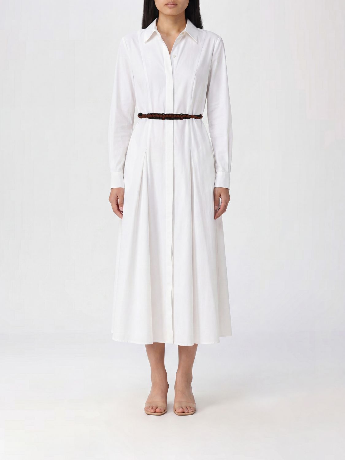 MAX MARA Midi Chemisier Cotton Dress with Belt and Long Sleeves