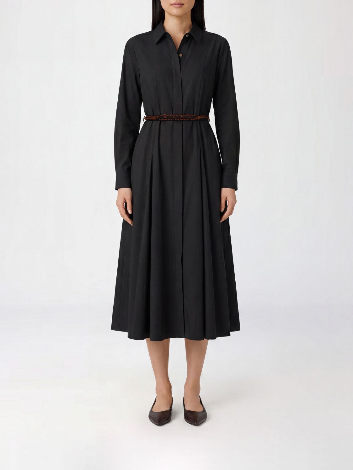 MAX MARA Midi Chemisier Cotton Dress with Belt and Long Sleeves