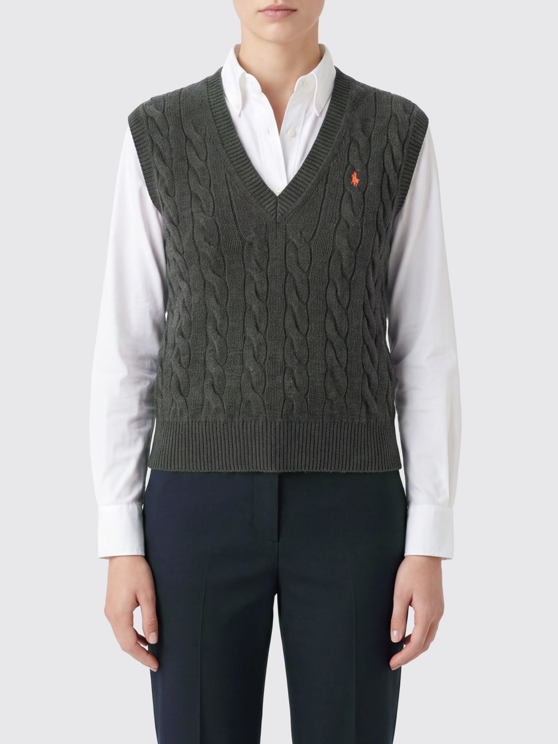 POLO RALPH LAUREN Maglia a trecce a maniche corte in lana e cashmere con scollo a V