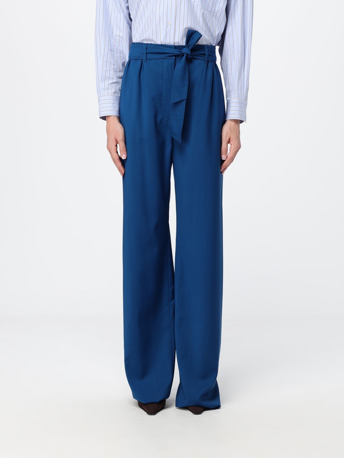 MAX MARA Wide Leg Virgin Wool Trousers with Tie Belt at the Waist