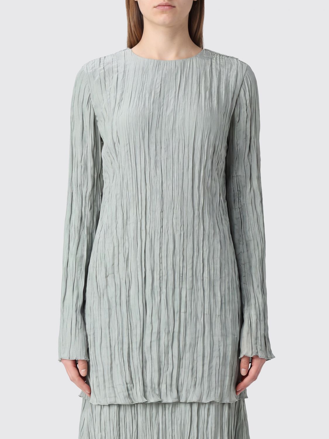 STAUD Long-Sleeved Pleated Polyester Sheath Mini Dress