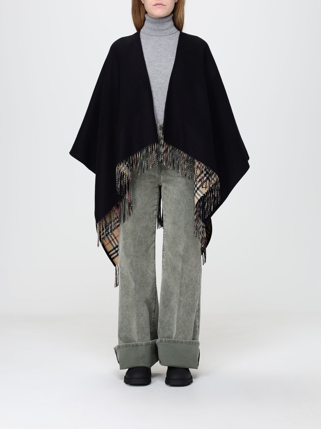 Burberry Check Wool Cape with Fringed Edges · OS