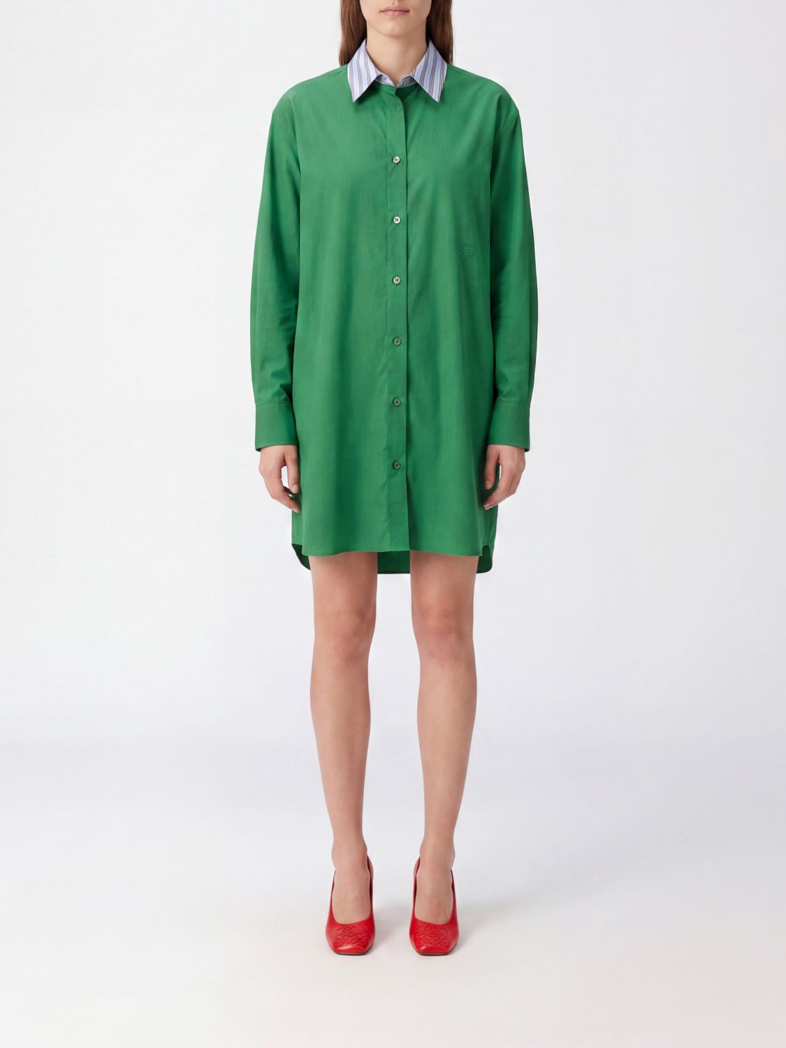 LOEWE Mini abito chemisier in cotone a maniche lunghe con logo ricamato
