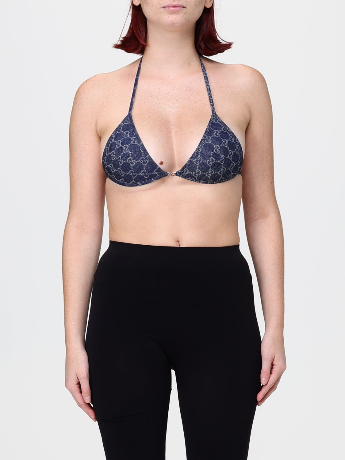 Gucci Cropped Triangle Top in Denim with All-Over GG Monogram Motif