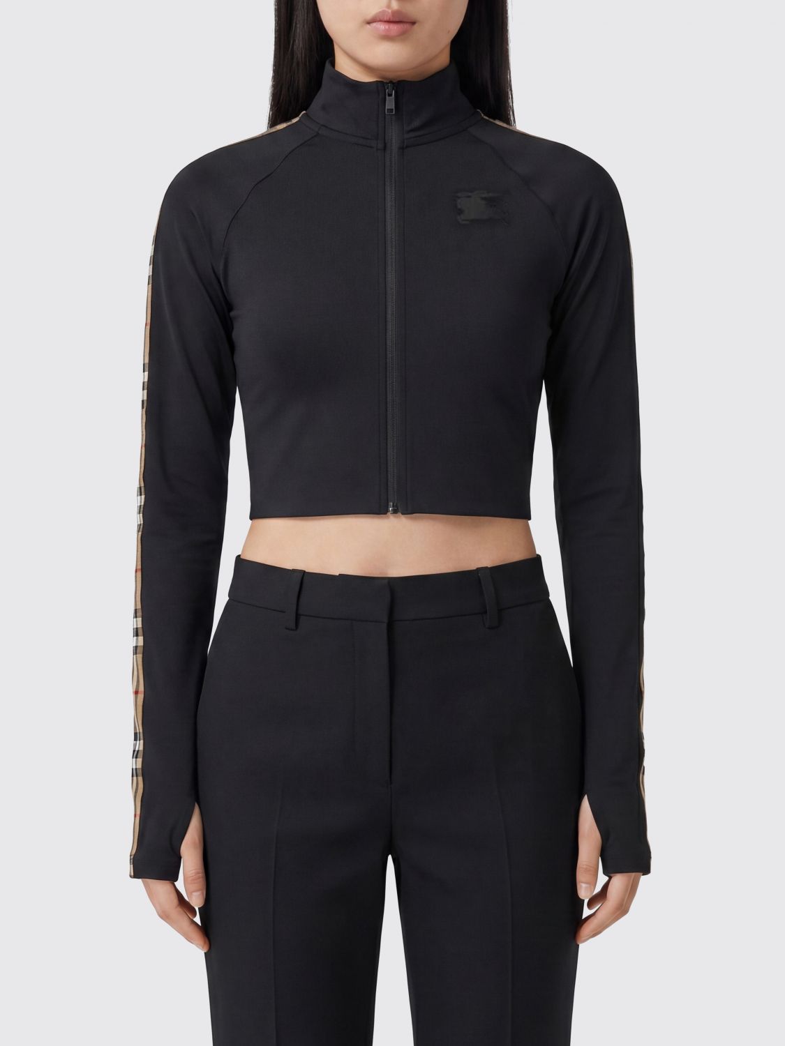 BURBERRY Felpa cropped slim fit in jersey tecnico con collo alto e chiusura a zip
