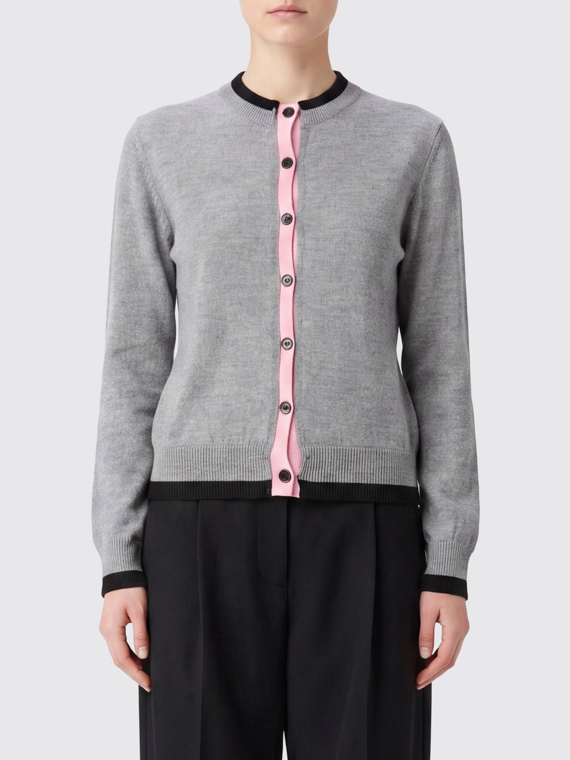 MSGM Merino Wool Cardigan with Contrast Trims and Crew Neck　MSGM メリノ ウール カーディガン、コントラスト トリム、クルーネック MSGM