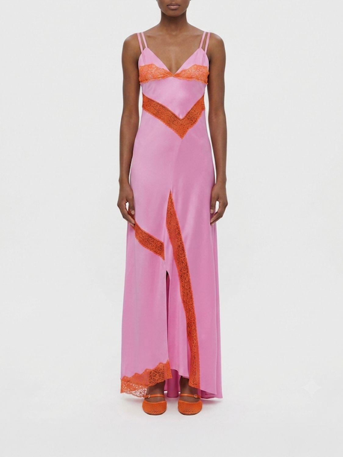 MSGM Long Satin Slip Dress with Lace Inserts and Front Slit