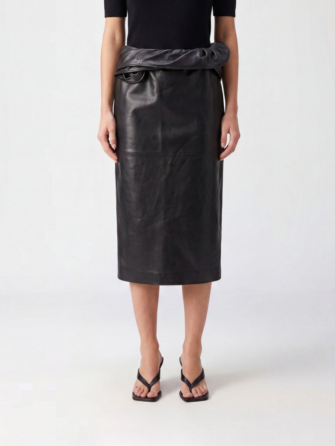 MAGDA BUTRYM Leather Midi Pencil Skirt with Rouches