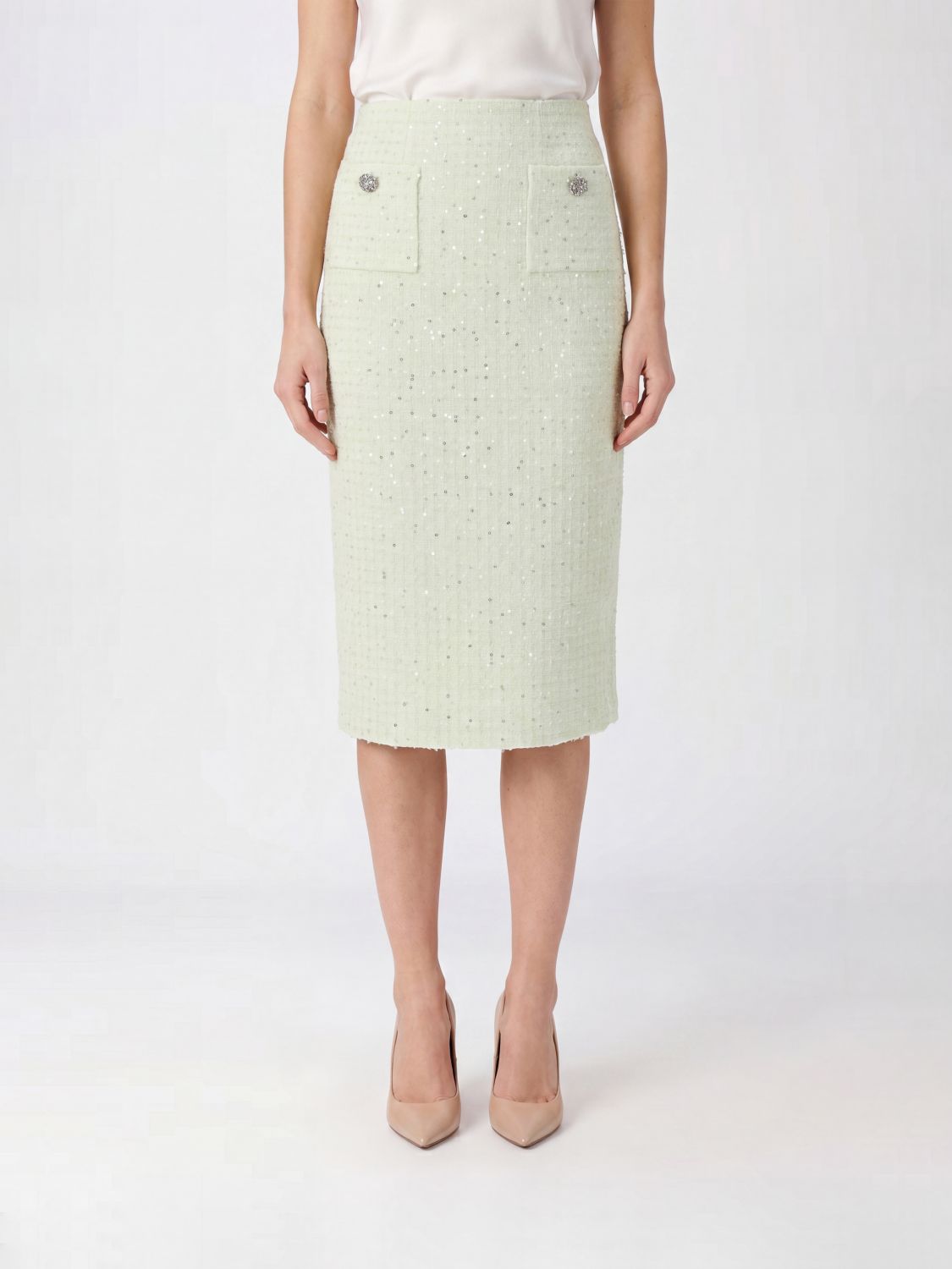 SELF-PORTRAIT High-Waisted Tweed Midi Pencil Skirt with Sequins