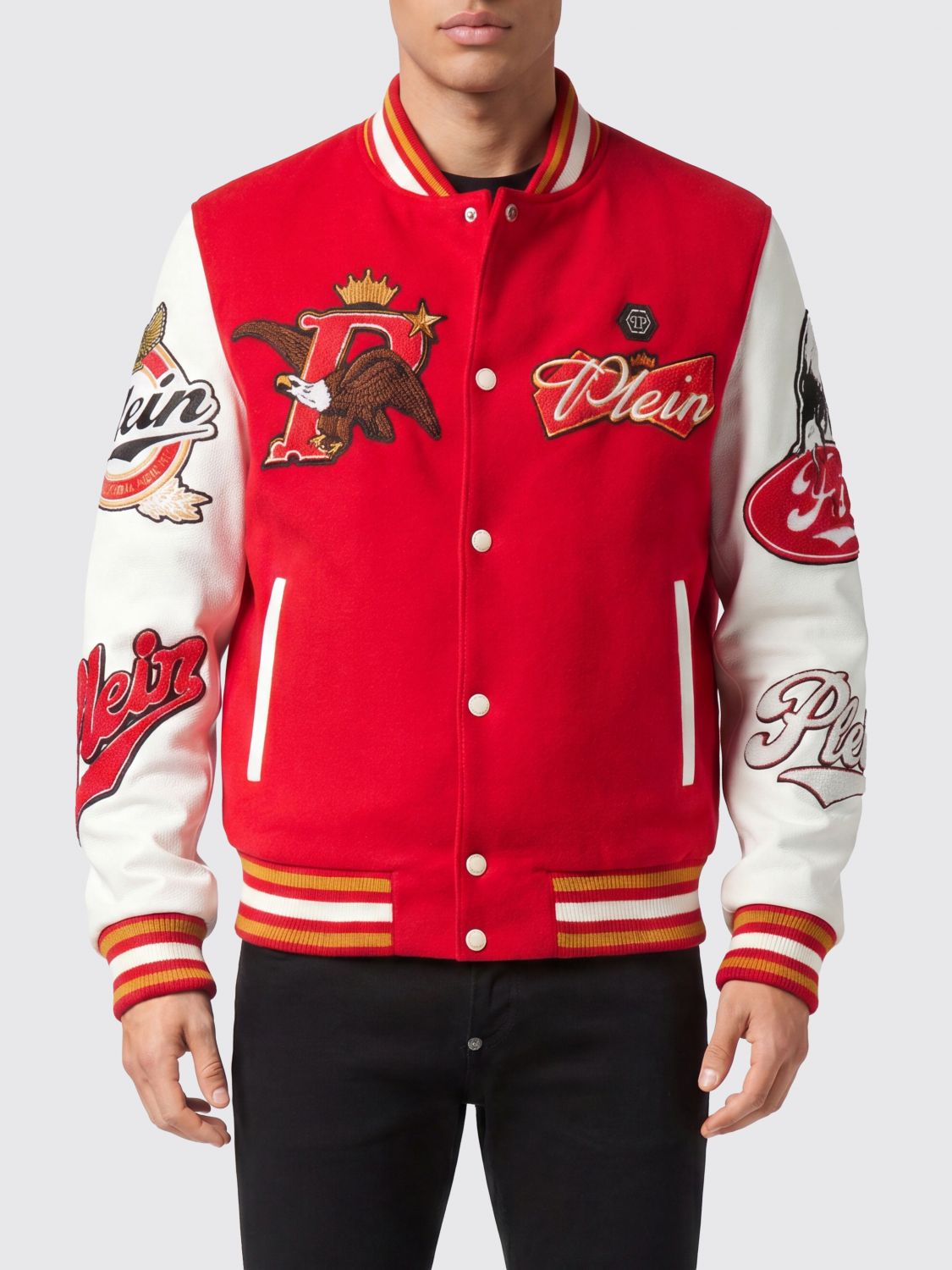 PHILIPP PLEIN Bomber Varsity in panno di lana bicolor con patch ricamate