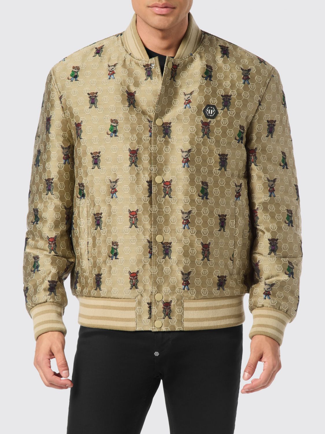 PHILIPP PLEIN Bomber in misto seta con stampa monogramma Hexagon all-over