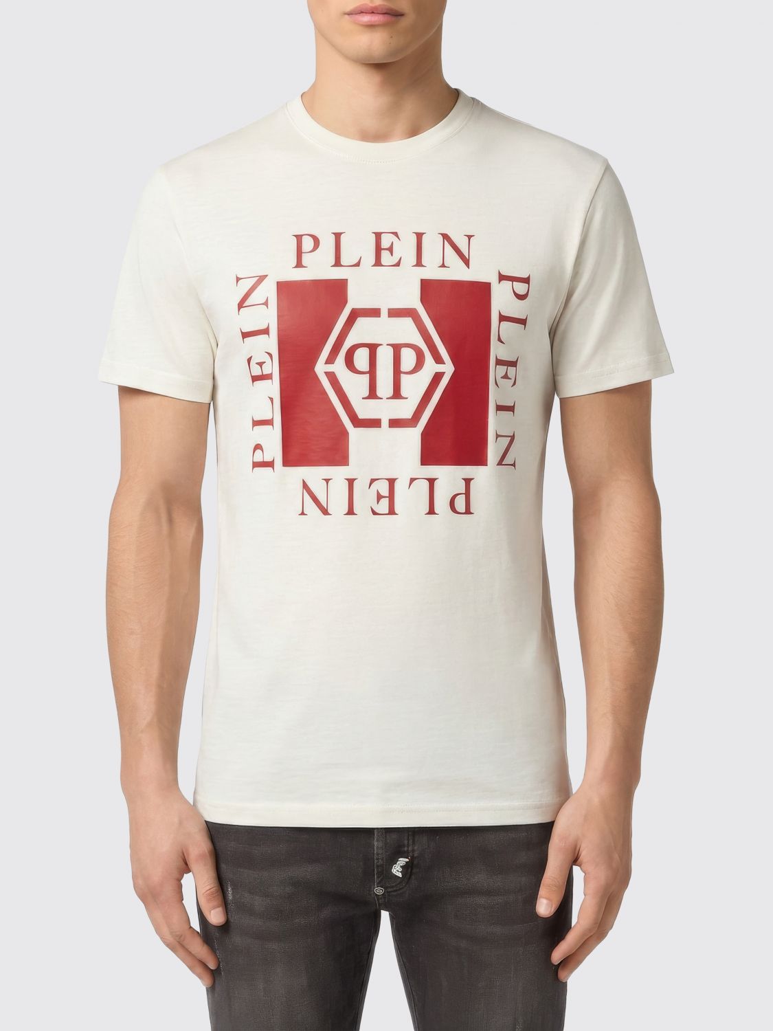 PHILIPP PLEIN T-shirt girocollo in cotone con logo a contrasto sul petto