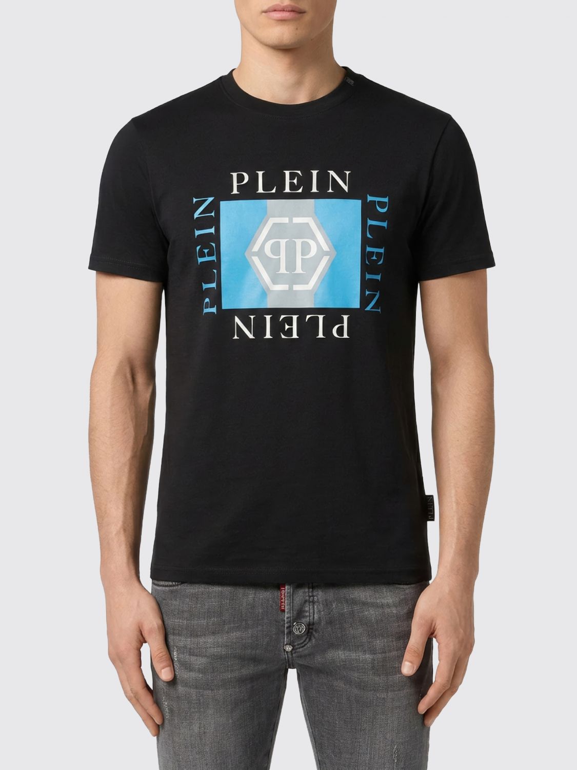 PHILIPP PLEIN Crewneck Cotton T-shirt with Contrasting Chest Logo